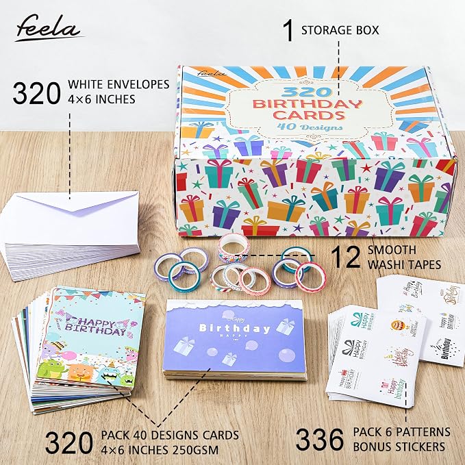feela Birthday Cards Bulk, 320 Pack 40 Designs Happy Birthday Card Assortment Box with 320 Blank Envelopes, 336 Pieces of Stickers, 12 Washi Tapes, Greeting Cards for Employees Family, 4” X 6”