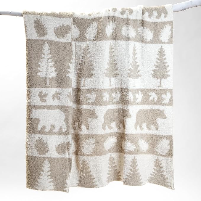 Carstens, Inc. Luxury Soft Stretchy Reversible Plush Throw Blanket, Large 50" x 60", Rustic Beige Bear Stripe