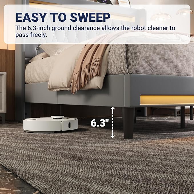 Allewie King Size Upholstered Bed Frame with LED & Charging Station, Gray | Customizable LED lights, charging station, tufted wingback headboard, noise-reducing support, and no box spring needed.