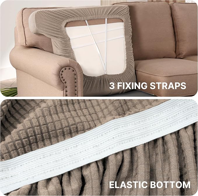 H.VERSAILTEX Stretch 2 Piece T Cushion Sofa Slipcovers Individually Sofa Cushion Covers for 2 Cushion Couch Sofa Seat Cushion Covers with Elastic Bands Featuring Thicker Jacquard Fabric, Sand