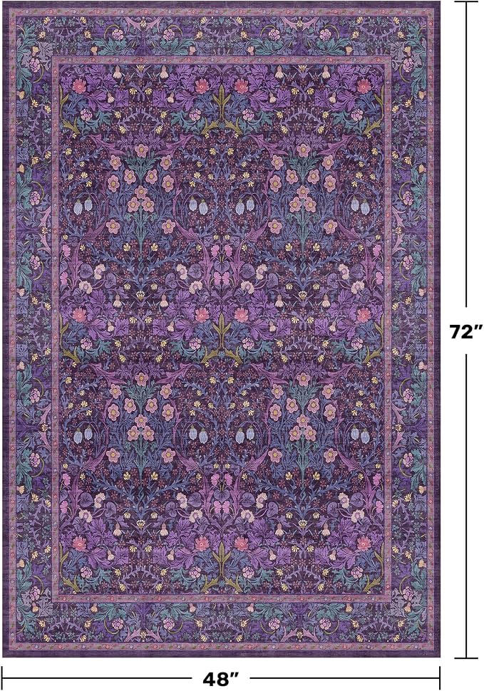 Vintage Violet Floral 4x6 Large Entryway Area Rug - Boho Purple Washable Living Room Rug, Low Pile Non-Slip Rugs for Dining Room Under Kitchen Table, Traditional Oriental Plum Decor & Stain Resistance
