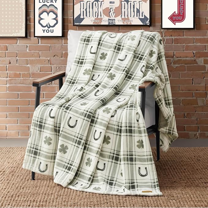 Lucky Brand 50" x 70" Plush Throw Blanket, Clover Horseshoe Plaid Sage Green Blanket for Sofa or Bed
