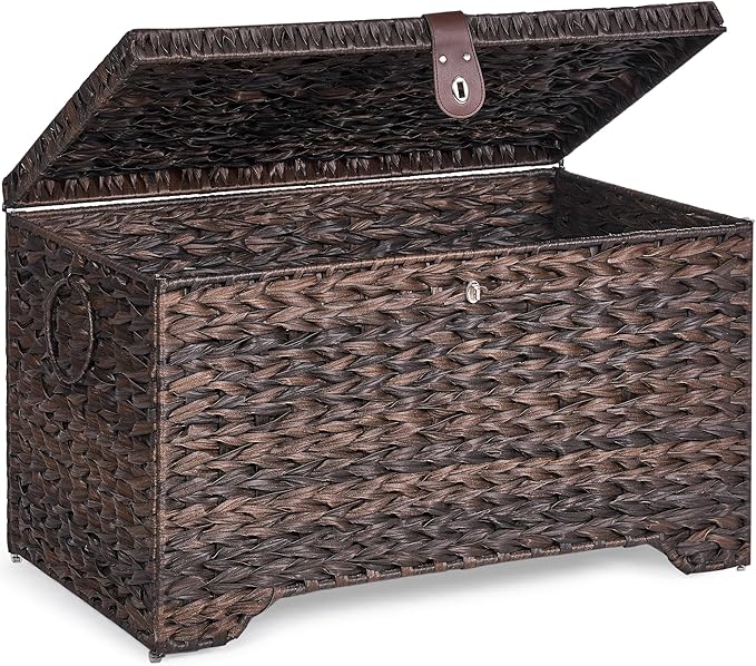 165L Handwoven Wicker Storage Basket with Lid, Large Storage Trunk | Leather Buckle Closure; Waterproof PP Wicker; Large Metal Ring Handles; Reinforced Steel Frame