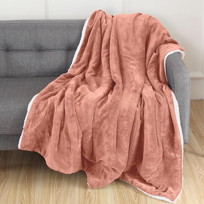 Elegant Comfort Luxury Ultra-Plush Velvet Touch Fleece Throw Soft, Warm, Cozy| Micromink Sherpa-Backing Reversible Blanket for Bed, Sofa and Couch, Solid Coral