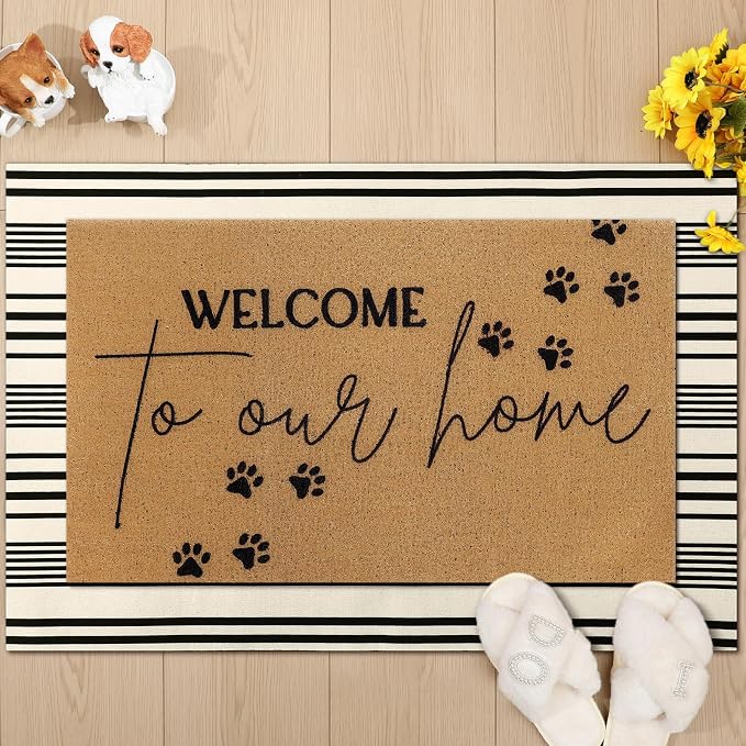 Tinideya 2 Pcs Pet Theme Door Mat Paw Welcome Non Slip Coir Mats Dog Cat Floor Layering Doormats Seasonal for Front Porch Entryway Decor(PET)