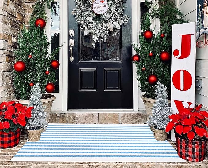 Light Blue White Striped Rug -2.3'x3.6' Front Door Rugs Outdoor, Small Washable Area Rug for Front Porch, Spring Summer Welcome Mats Outdoor Indoor, Doormat for Entryway Porch Entrance