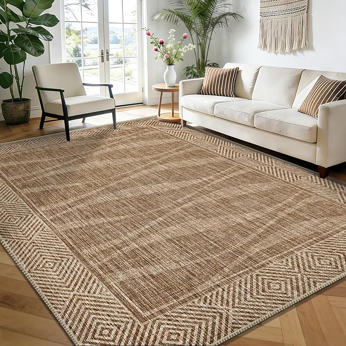 Easy Jute Rug 6x9 Outdoor Patio Rug with Border, Washable Rugs for Living Room, Farmhouse Non Slip Area Rugs with Rubber Backing Indoor Outdoor, Non Shedding Carpet for Bedroom, Courtyard, Light Brown