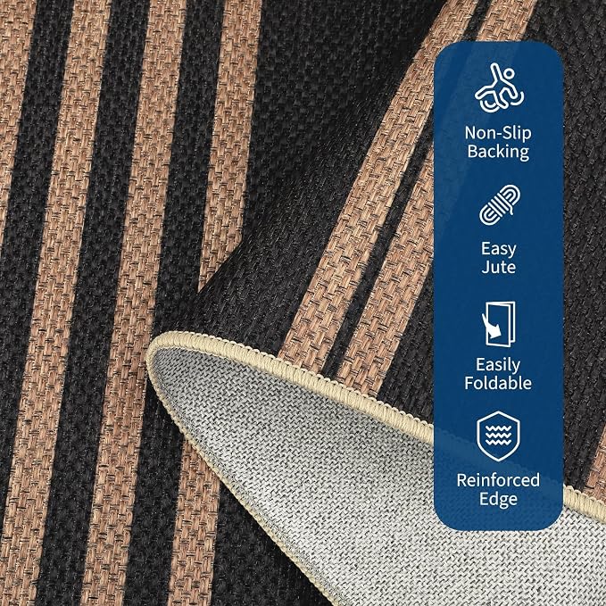 COZYLOOM Washable Living Room Rugs 8x10 Striped Easy Jute Rug with Non Slip Backing, Modern Stain Resistant Farmhouse Rugs for Patio Non Shedding Mats for Dining Room, Bedroom, RV, Black/Coffee