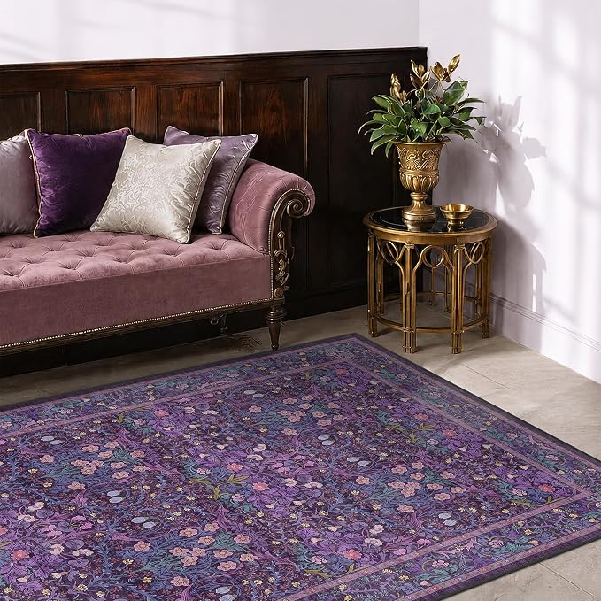 Vintage Violet Floral 4x6 Large Entryway Area Rug - Boho Purple Washable Living Room Rug, Low Pile Non-Slip Rugs for Dining Room Under Kitchen Table, Traditional Oriental Plum Decor & Stain Resistance