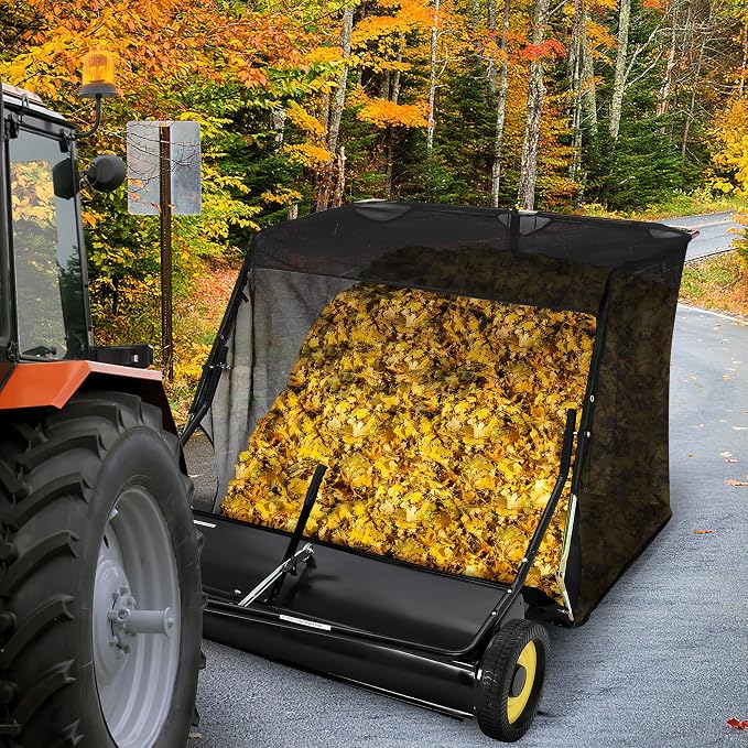Garvee 52 in Tow-Behind Lawn Sweeper, 10 in Nylon Brushes, Universal Tractor/ATV Hitch, Never-Flat Wheels, Adjustable Height, Ideal for Leaves, Grass & Debris