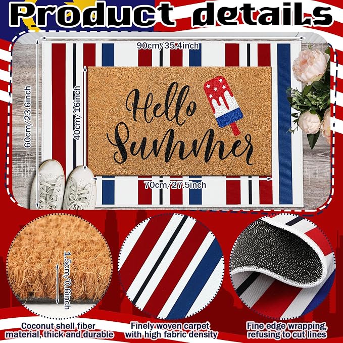 Moucuny 2 Pcs Patriotic Door Mat Hello Summer 4th of July Coir Door Mat Outdoor 250 Anniversary Red White Blue Stripe Welcome Rug Non-Slip Independence Day Doormat Outside Porch Front Decor