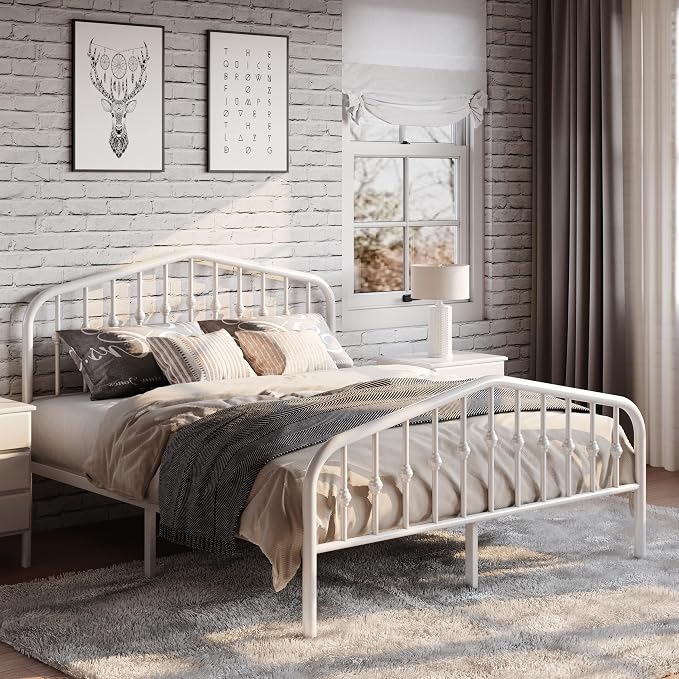 SHA CERLIN Full Size Metal Bed Frame with Wrought Iron-Art Headboard, White | Victorian Style Metal Platform Bed Frame, Wrought Iron-Art Headboard and Footboard, Under-Bed Storage, No Box Spring Needed