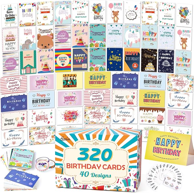 feela Birthday Cards Bulk, 320 Pack 40 Designs Happy Birthday Card Assortment Box with 320 Blank Envelopes, 336 Pieces of Stickers, 12 Washi Tapes, Greeting Cards for Employees Family, 4” X 6”