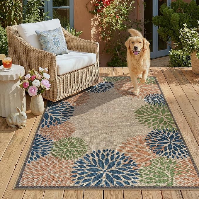 LIVEBOX Modern 3x5 Jute Outdoor Patio Rug, Washable Rugs for Entryway Porch, Tropical Floral Boho Farmhouse Carpet, Non Slip Front Door Mat for Outdoor Indoor Entryway Guestroom Decor (Olive 3'x5')