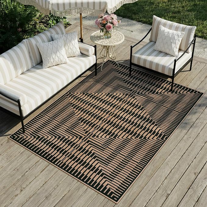 LIVEBOX Easy Jute Patio Rug 5x7, Washable Indoor Outdoor Area Rug Non Slip, Farmhouse Striped Carpet for Living Room, Office, Backyard, Dining Room (Black)