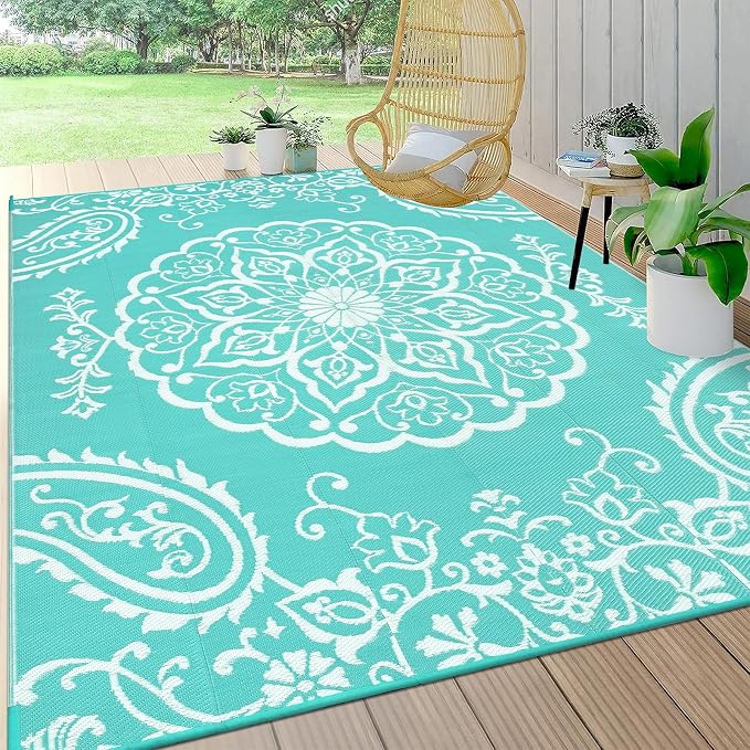 Pauwer Outdoor Rug 8x10, Waterproof Plastic Camping Rug, Boho Light Blue | Reversible Patio Rug, UV Resistant Indoor Outdoor RV Mat Carpet For Deck, Camper, Porch, Balcony, Backyard, Picnic, Foldable