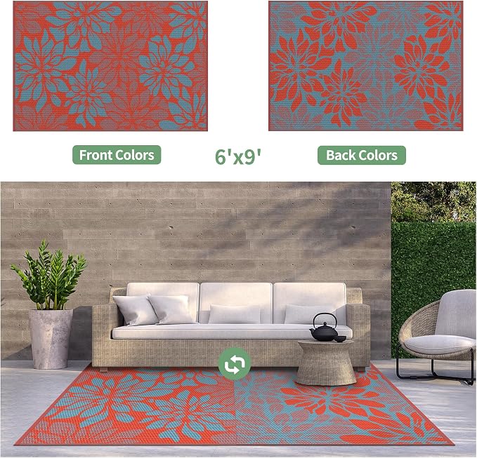 GENIMO Outdoor Rug, Waterproof Plastic Rugs for Patio, 6'x9' Red Blue | Outside Larger Leaf Carpet Mat for Porch Decor, Deck, Balcony, Camping, RV, Backyard, Picnic, Beach, Reversible, Foldable