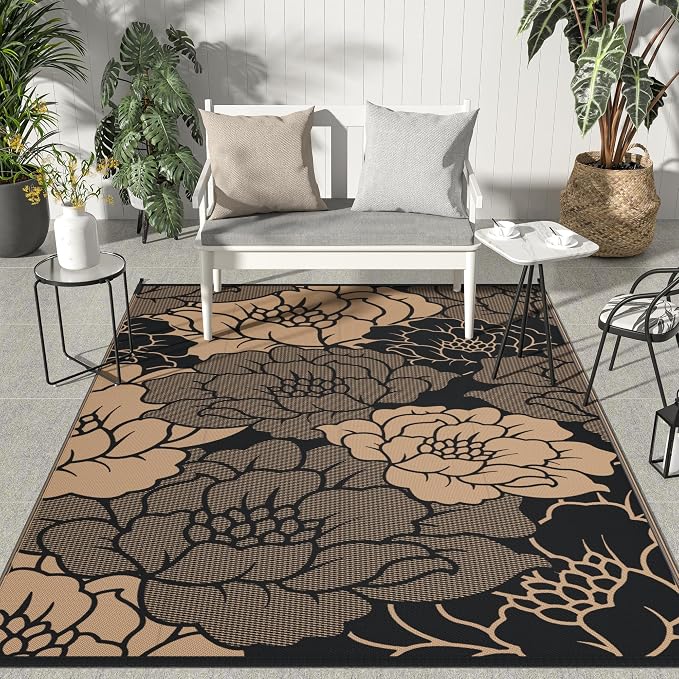 GENIMO Outdoor Rug, Waterproof Plastic Rugs for Patio, 5'x8' Raven Brown | Outside Larger Leaf Carpet Mat for Porch Decor, Deck, Balcony, Camping, RV, Backyard, Picnic, Beach, Reversible, Foldable