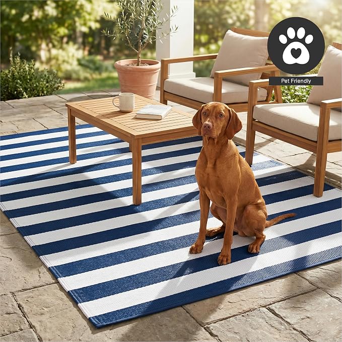 FH Home Outdoor Rug - Waterproof, Fade Resistant, Reversible - Premium Recycled Plastic - Striped - Porch, Deck, Balcony, Mudroom, Laundry Room, Patio - Brittany - Blue & White Crease Free - 3 x 5 ft