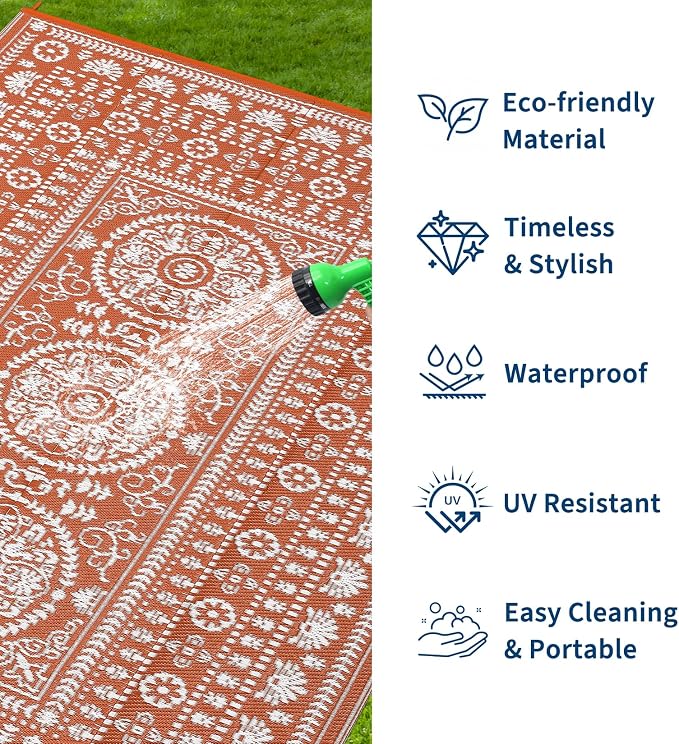 Garvee Reversible Outdoor Rug 9x18 for Patio, Waterproof Outdoor Area Rug, Modern Medallion Indoor Outdoor Rugs, Plastic Straw Rug for RV, Camping, Deck, Vintage Terracotta