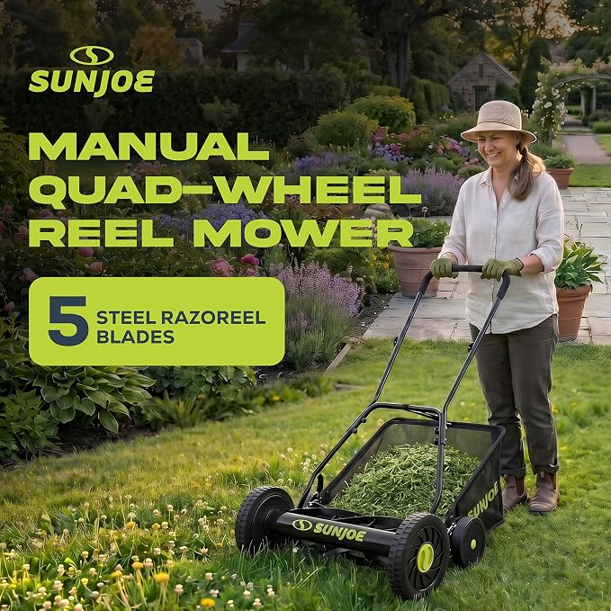 Sun Joe Manual Push Reel Lawn Mower with 8.5-Gal Grass Catcher, 20-Inch Cutting Width - Heavy-Duty Yard Trimmer Machine for Gardening Care and Maintenance, MJ502M