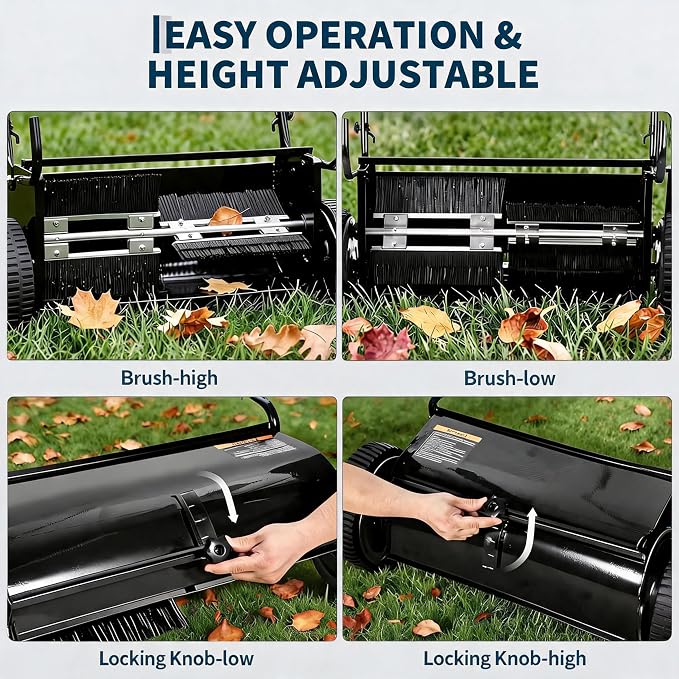 Heavy Duty 26-Inch Push Lawn Sweeper – 4 Fast Spinning Brushes | Height Adjustable, Durable Steel Frame, 7 Cu. Ft. lawn mower, Reduced Plastic Wheels