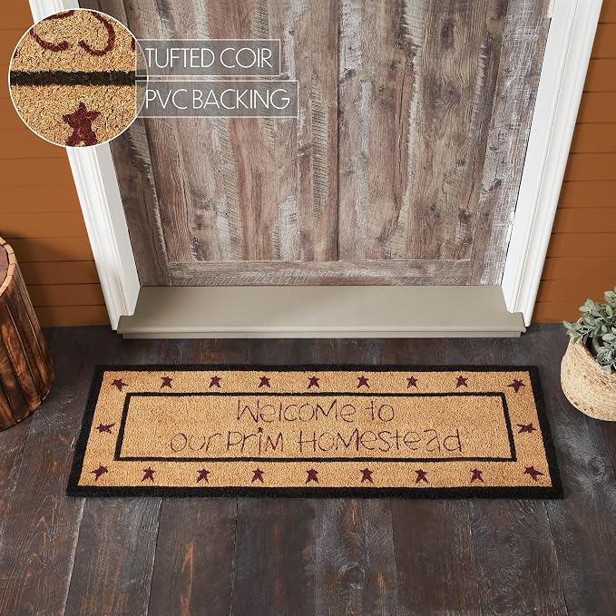 VHC Brands Coir Welcome Door Mat, Entry Rug, with PVC Backing, for Indoor Outdoor Use, Connell Collection, Rectangle 17x48 Doormat, Welcome to Our Prim Homestead, Natural