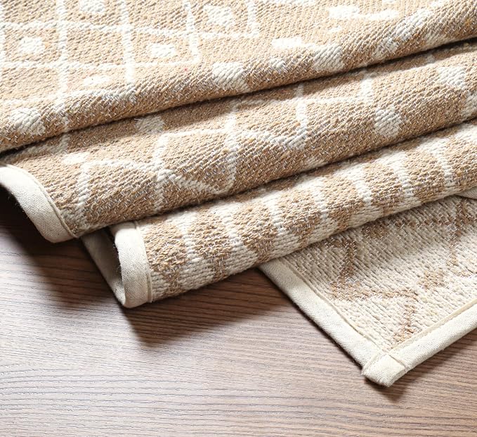 THE BEER VALLEY Moroccan Kitchen Runner Rug 27x45 Inch - Beige | Non Slip Cotton Woven Rugs for Laundry Room, Washable Boho Outdoor Area Runners