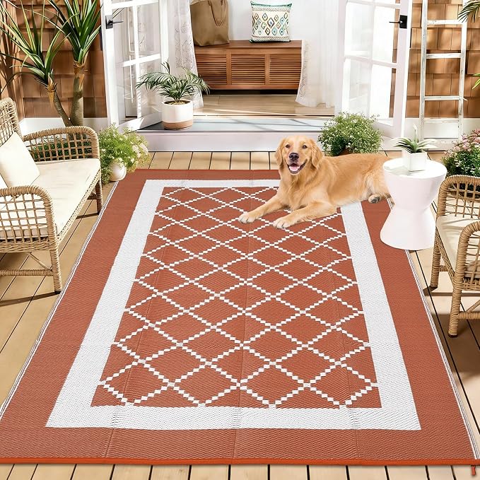 Outdoor Rug 10x14ft Waterproof Reversible Modern Orange & White Plastic Straw Patio Mat Lightweight Easy Clean Fade-Resistant Garden Carpet for Deck Camping RV Beach Porch