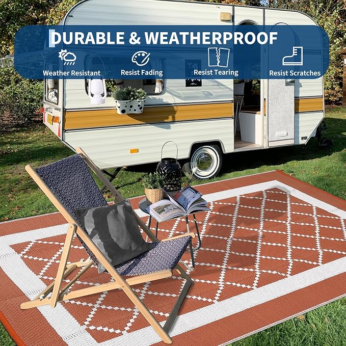 Outdoor Rug 8x10ft Waterproof Reversible Plastic Straw Carpet Modern Orange & White Patio Mat Lightweight Easy Clean UV-Resistant for Deck RV Camping Beach Balcony 尺寸: