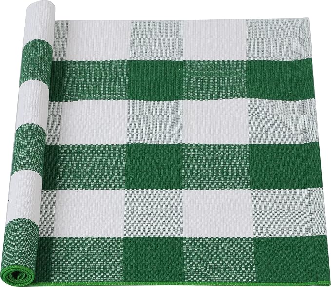 uxcell Buffalo Check Rug,Plaid Outdoor Rug,Layered Door Mat,Cotton Gingham Rugs,Floor Mat for Front Porch/Runner/Bedroom/Kitchen/Farmhouse 35"x24" Green & White