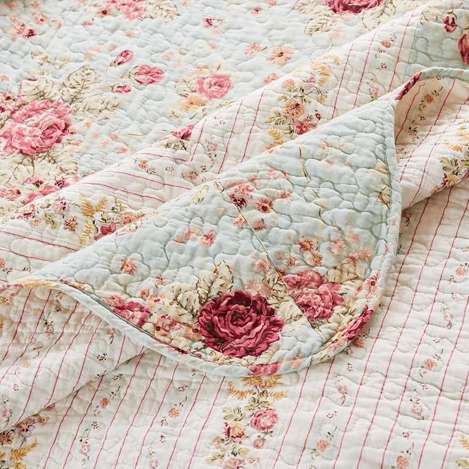 Greenland Home Fashions Antique Rose - Classic Traditional Floral - 100% Cotton Quilted Throw Blanket, 50 x 60 inches, Blue