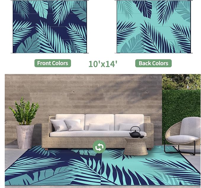 GENIMO Outdoor Rug, Waterproof Plastic Rugs 10'x14' for Camping Blue Green | Outside Larger Leaf Carpet Mat for Porch Decor, Deck, Camping, RV, Backyard, Balcony, Picnic, Beach, Reversible, Foldable