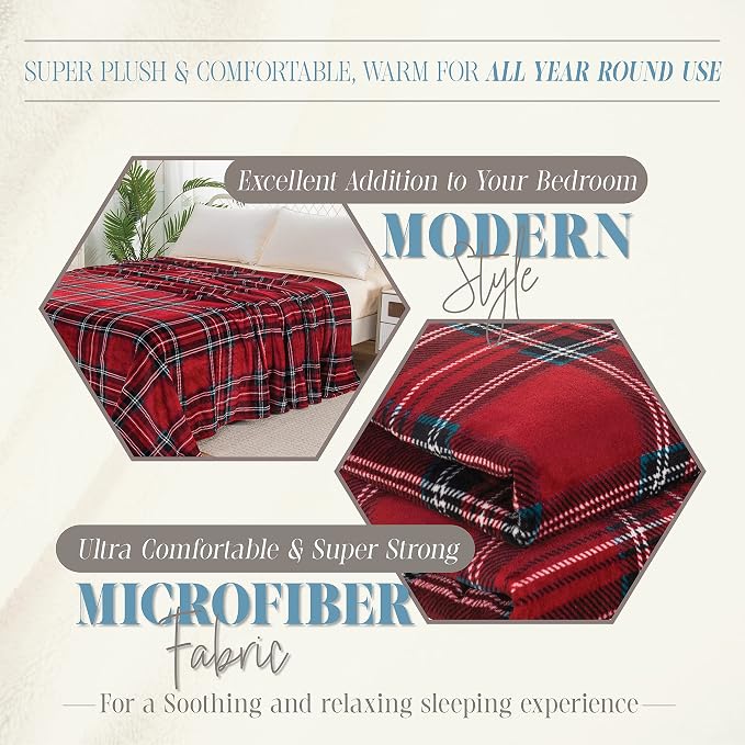 Elegant Comfort Luxury Velvety Feel Blanket, All-Season Lightweight Blanket, Ultra Plush, Soft, Cozy-Fuzzy Flannel Fleece for Couch, Sofa, Bed, Travel, Plaid Design, Twin/Twin XL, Burgundy