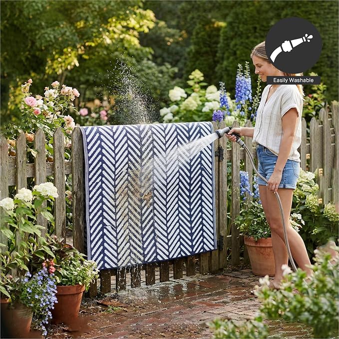 FH Home Outdoor Rug - Waterproof, Fade Resistant, Reversible - Premium Recycled Plastic - Herringbone - Patio, Porch, Deck, Balcony - Fresno - Navy Crease Free - 5 x 8 ft