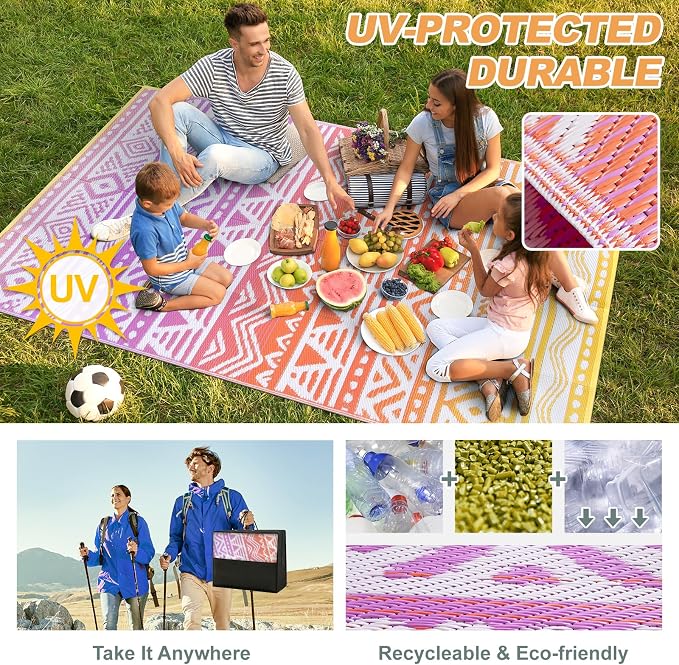 Lahome Outdoor Rug Waterproof, 6x9 Reversible Outdoor Plastic Straw Rug for Camping, RV Patio Rugs Large Carpet for Porch Deck Backyard Balcony Picnic(Orange/Purple,6'x 9')