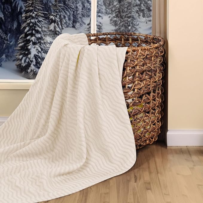 Superior JENA Cotton Blanket, for Picnic, Beach, Traveling or Camping, Bedroom Decor, Essentials, Cover for Bed, Couch, Lounging, Textured Jacquard, Modern Chevron Woven Blanket, King, Ivory