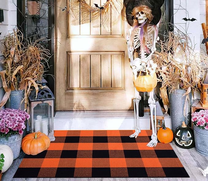 Cotton Buffalo Plaid Outdoor Rug 2x3ft Orange and Black Layered Doormat,Halloween Front Door Mat Outdoor,Farmhoue Woven Washable Checkered Rug for Porch, Entryway, Farmhouse, Autumn, Halloween