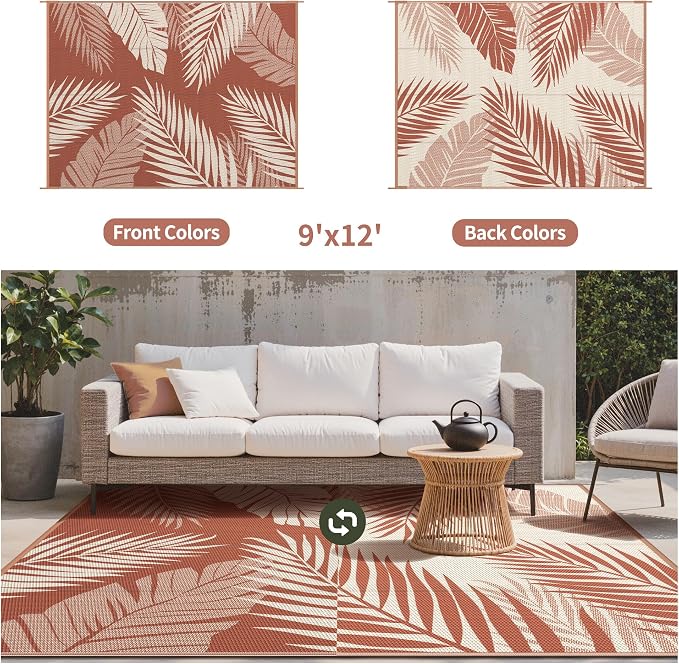 GENIMO Outdoor Rug, Waterproof Plastic Rugs for Patio, 9'x12' Brick Red | Outside Larger Leaf Carpet Mat for Porch Decor, Deck, Balcony, Camping, RV, Backyard, Picnic, Beach, Reversible, Foldable