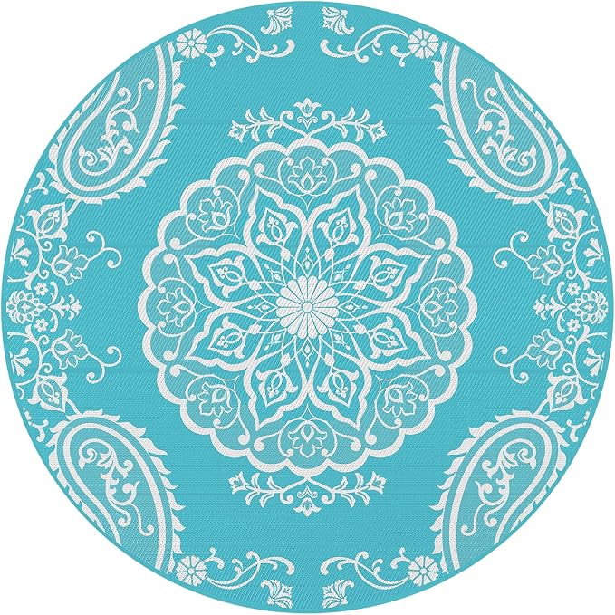 Pauwer Outdoor Rug 8ft, Waterproof Plastic Straw Camping Rug, Boho Teal | Reversible Patio Rug, UV Resistant Indoor Outdoor RV Mat Carpet For Deck, Camper, Porch, Balcony, Backyard, Picnic, Foldable