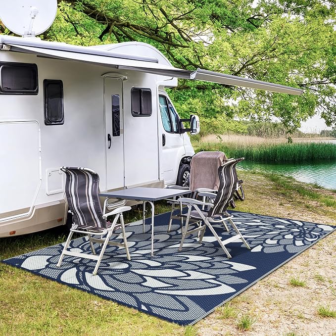 GENIMO Outdoor Rug, Waterproof Plastic Rugs for Patio, 6'x9' Indigo White | Outside Larger Leaf Carpet Mat for Porch Decor, Deck, Balcony, Camping, RV, Backyard, Picnic, Beach, Reversible, Foldable