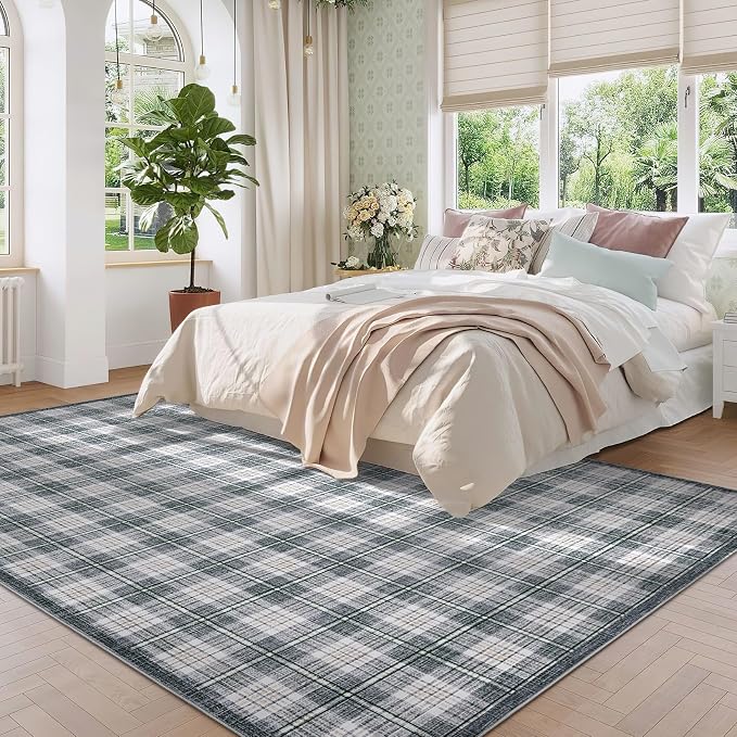 GarveeHome Checkered Area Rugs 6x9 for Living Room, Machine Washable Non Slip Backing Rug, Stain Resistant Low-Pile Indoor Carpet for Bedroom Dining Room Office Nursery Grey