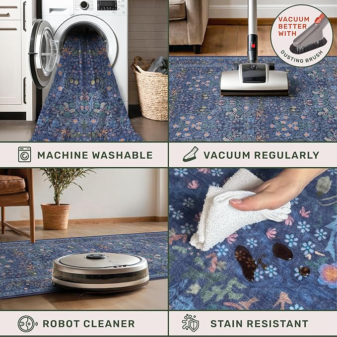 Washable Dark Blue Rug for Living Room - 10x14 Large Area Rug for Dining Room Under Table, Bedroom, Soft Low Pile Non-Slip Stain Resistant Carpet - Vintage Navy Floral Design