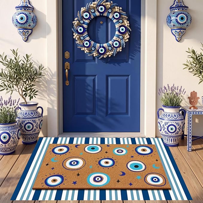 Tinideya 2 Pcs Blue Evil Eye Layered Doormat Set, Boho Evil Eye Doormat with Blue White Striped Rug, Mediterranean Porch Decor for Entryway Patio Outdoor