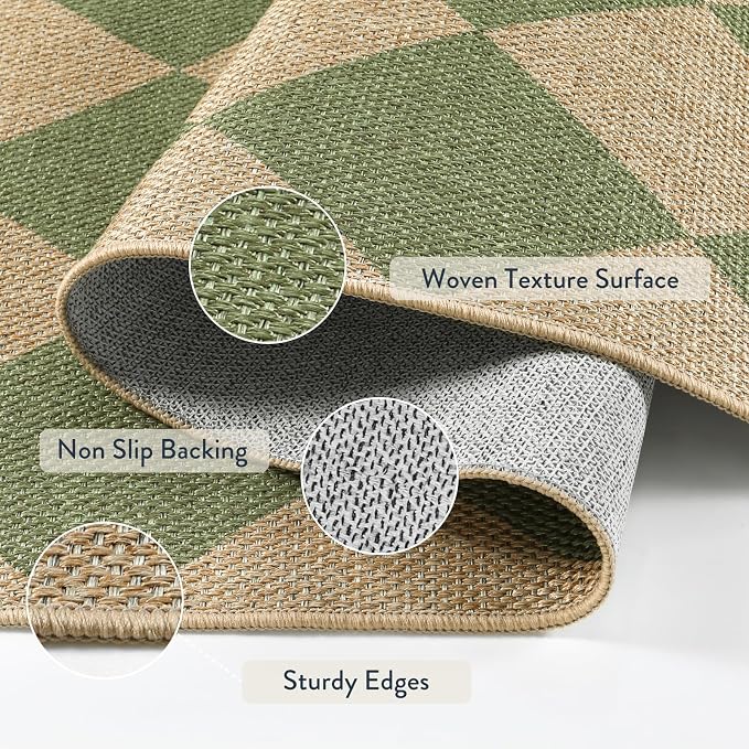 Lahome Checkered Easy Jute Living Room Rug, 8x10 Outdoor Rugs Washable | Farmhouse Natural Non Slip Green Area Rug, Non Shedding Carpet for Indoor Patio Porch Deck Sunroom Dining Room Classroom
