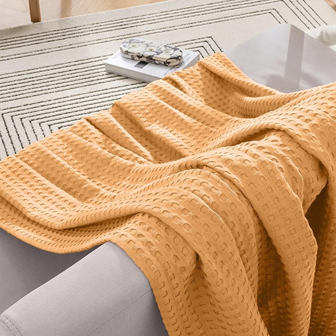 Elegant Comfort Premium 100% Cotton Waffle Blanket - Lightweight Breathable Waffle Weave Bed Blanket - Soft and Warm All Season Blanket for Couch, Sofa and Bed, Queen Size 90x90 Inches, Gold