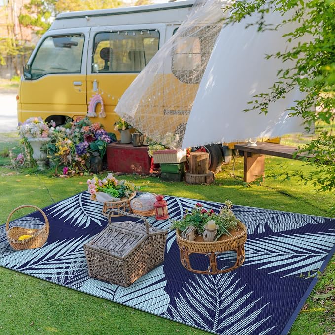 GENIMO Outdoor Rug, Waterproof Plastic Rugs for Patio, 5'x8' Blue | Outside Larger Leaf Carpet Mat for Porch Decor, Deck, Balcony, Camping, RV, Backyard, Picnic, Beach, Reversible, Foldable
