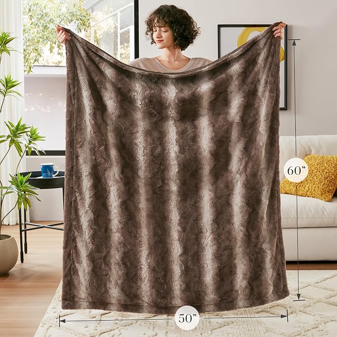 Madison Park Zuri Faux Fur Reversible Throw Blanket, 50 x 60 in, Brown | Soft Plush, Luxury, Animal Stripes, Mink Reverse, Modern, All Season, for Bed Sofa Couch, OEKO-TEX Certified