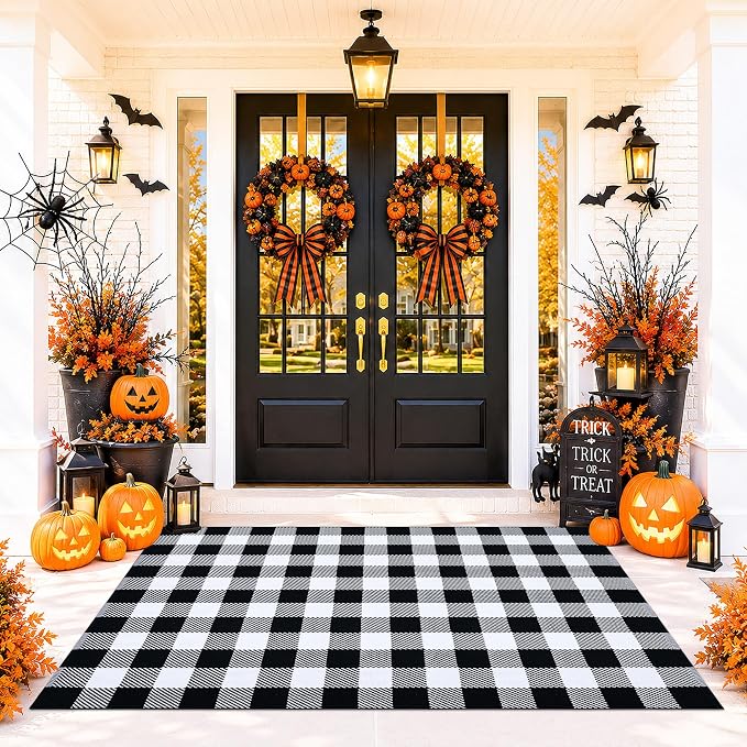 Black and White Buffalo Plaid Rug 4'x6', Machine Washable Layering Mat for Front Door, Entryway, Kitchen, Indoor Outdoor Low Profile Cotton Woven Check Rug