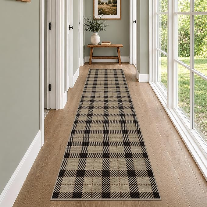JTJ Easy Jute Kitchen Runner Rug 2'6" x 10', Washable Non Slip Indoor Outdoor Low Pile Rug for Hallway, Entryway & Laundry Room, Farmhouse Plaid Style